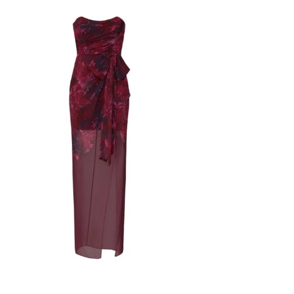 Badgley Mischka Red Floral Chiffon Strapless Gown - Picture 1 of 9